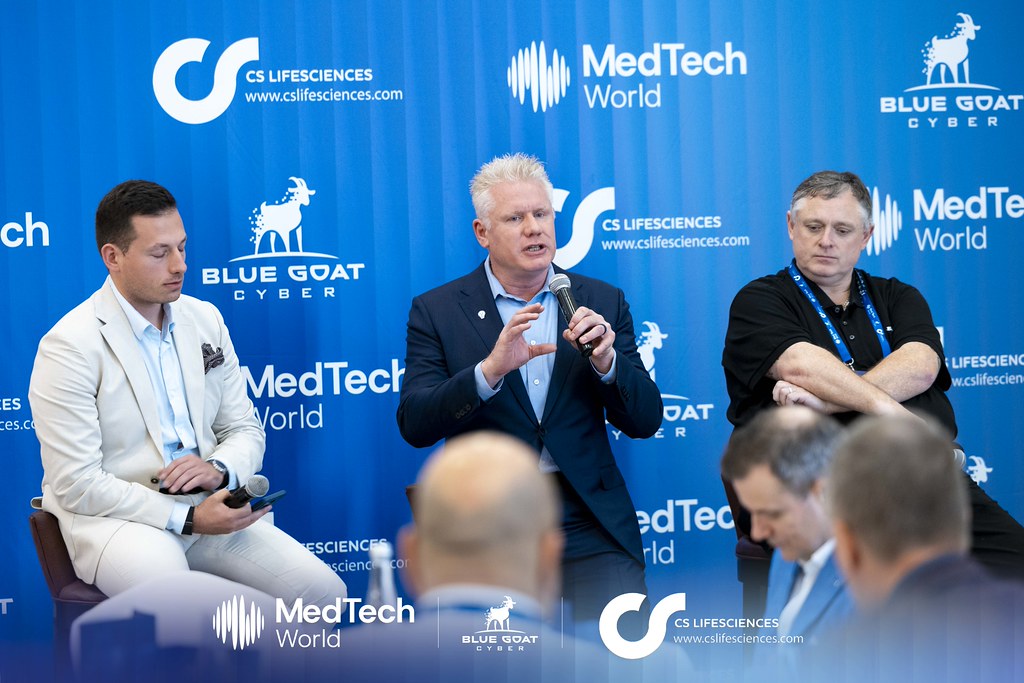 Christian Espinosa moderating the Blue Goat Cyber × CS Lifesciences panel