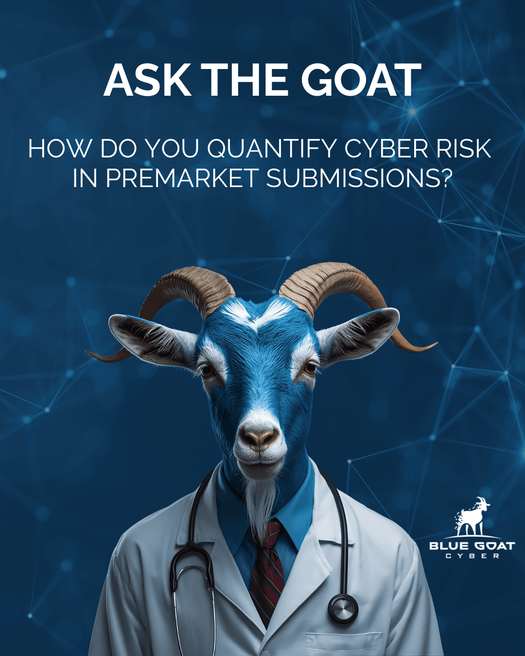 Ask the Goat AI assistant illustration, a friendly blue goat mascot