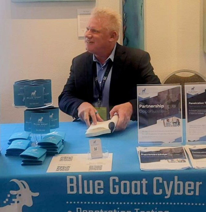 Blue Goat Cyber penetration testing partnership booth at a MedTech event
