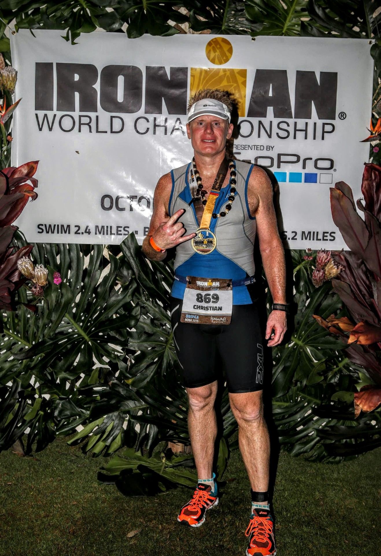 Christian Espinosa at the finish of the Ironman World Championship in Kona, Hawaii