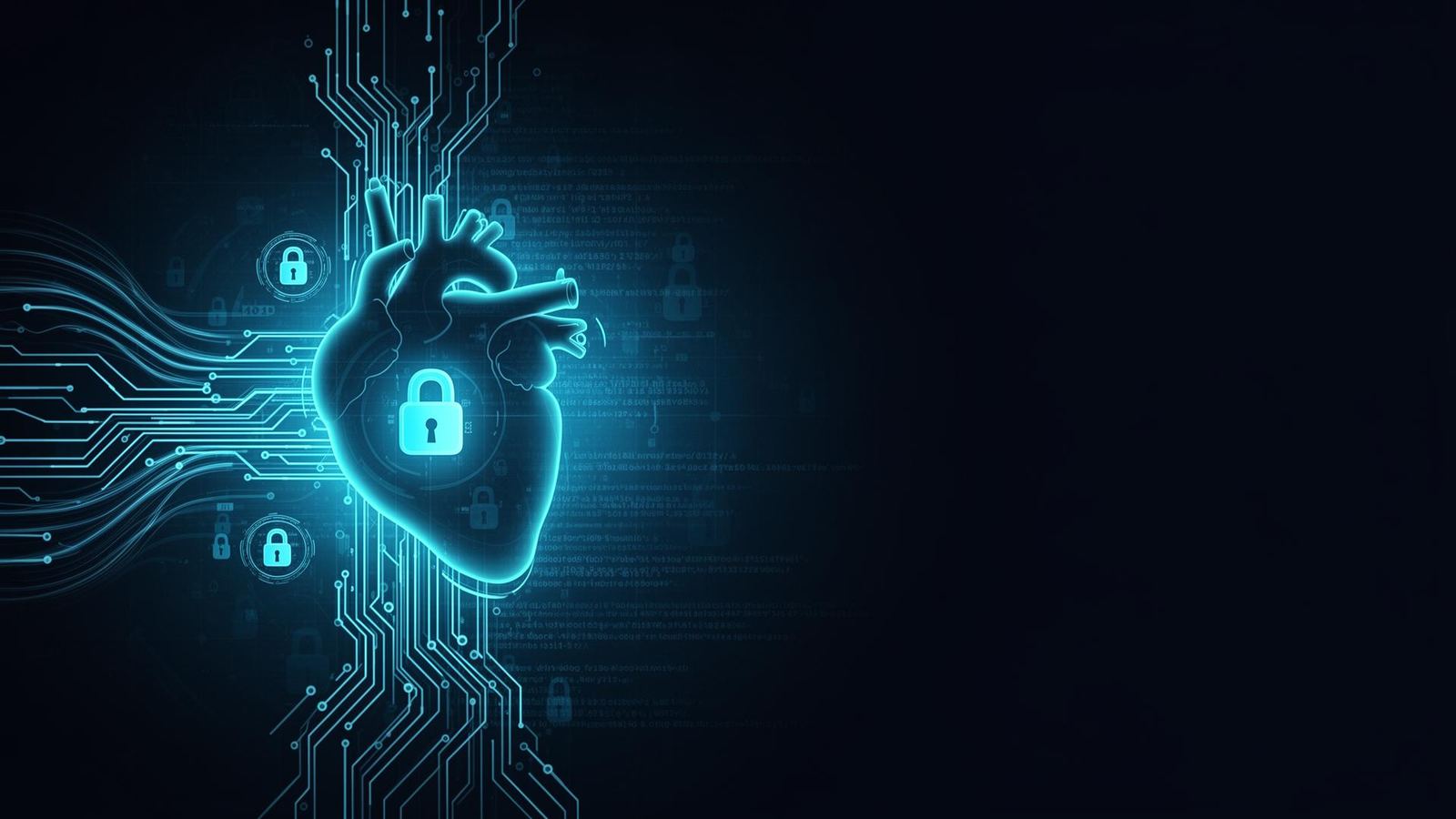 Stylized human heart wired to circuit traces with security padlock motifs, representing connected medical device cybersecurity
