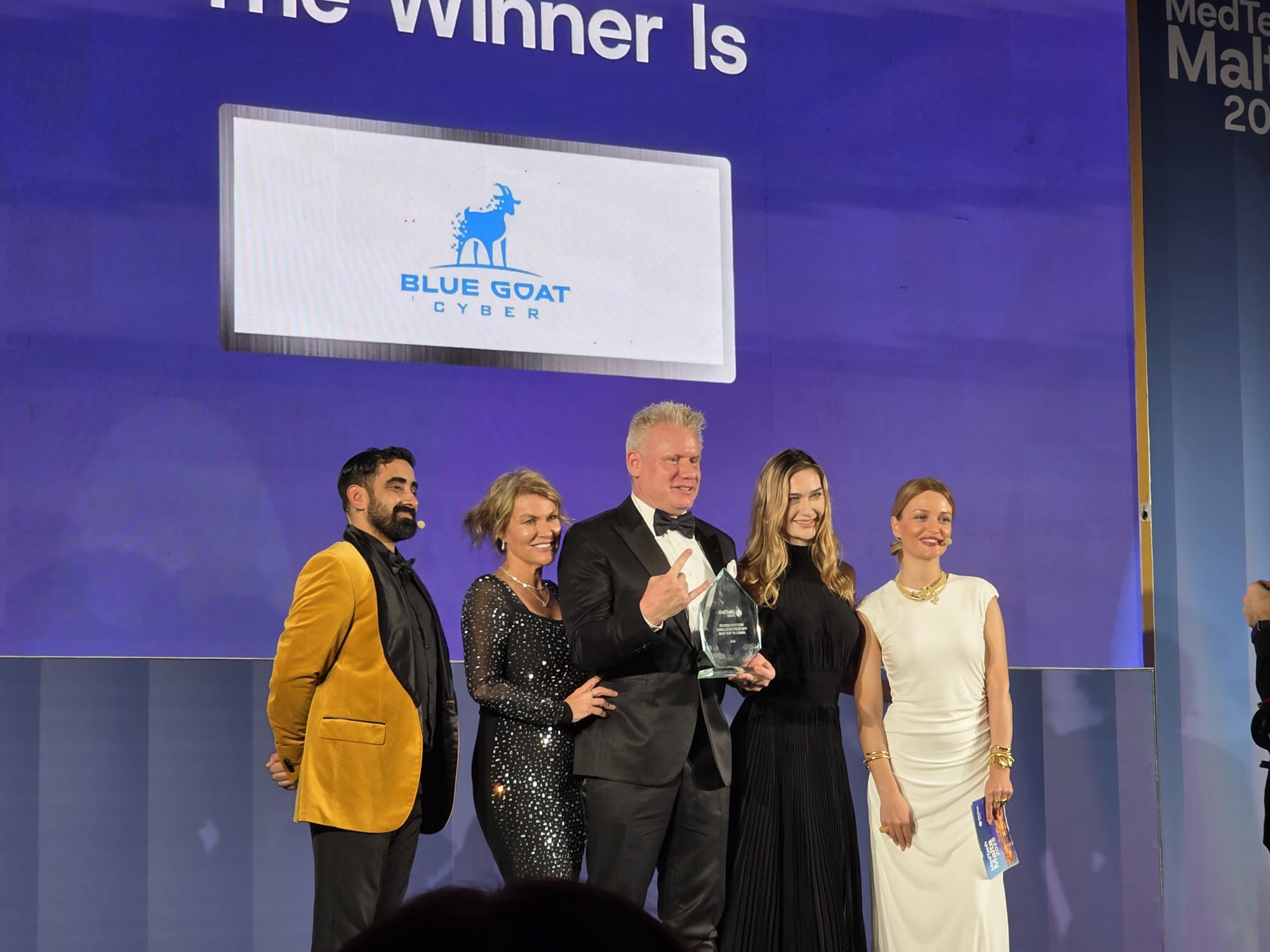 Blue Goat Cyber accepting the Medical Device Cybersecurity Solution of the Year award at MedTech World Malta 2025