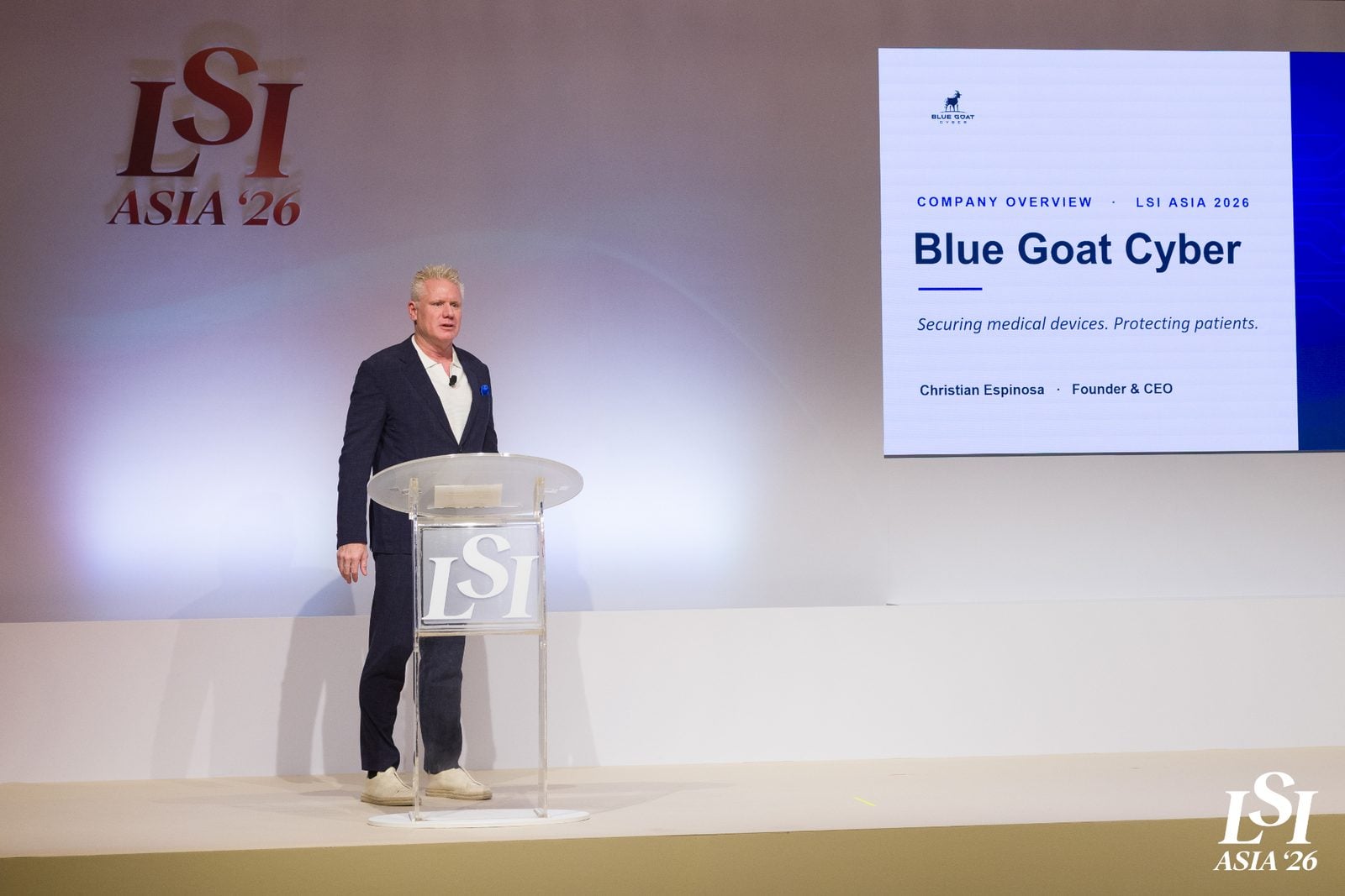 Christian Espinosa presenting the Blue Goat Cyber company overview at LSI Asia '26 in Singapore