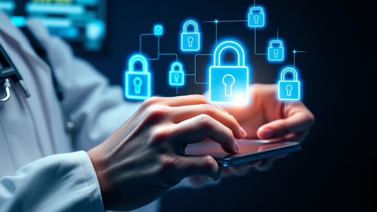 Cybersecurity concept with a digital lock protecting medical devices and data