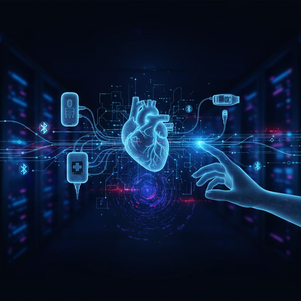 Abstract blue and white network graphic illustrating secure connections and potential vulnerabilities in medical device communication