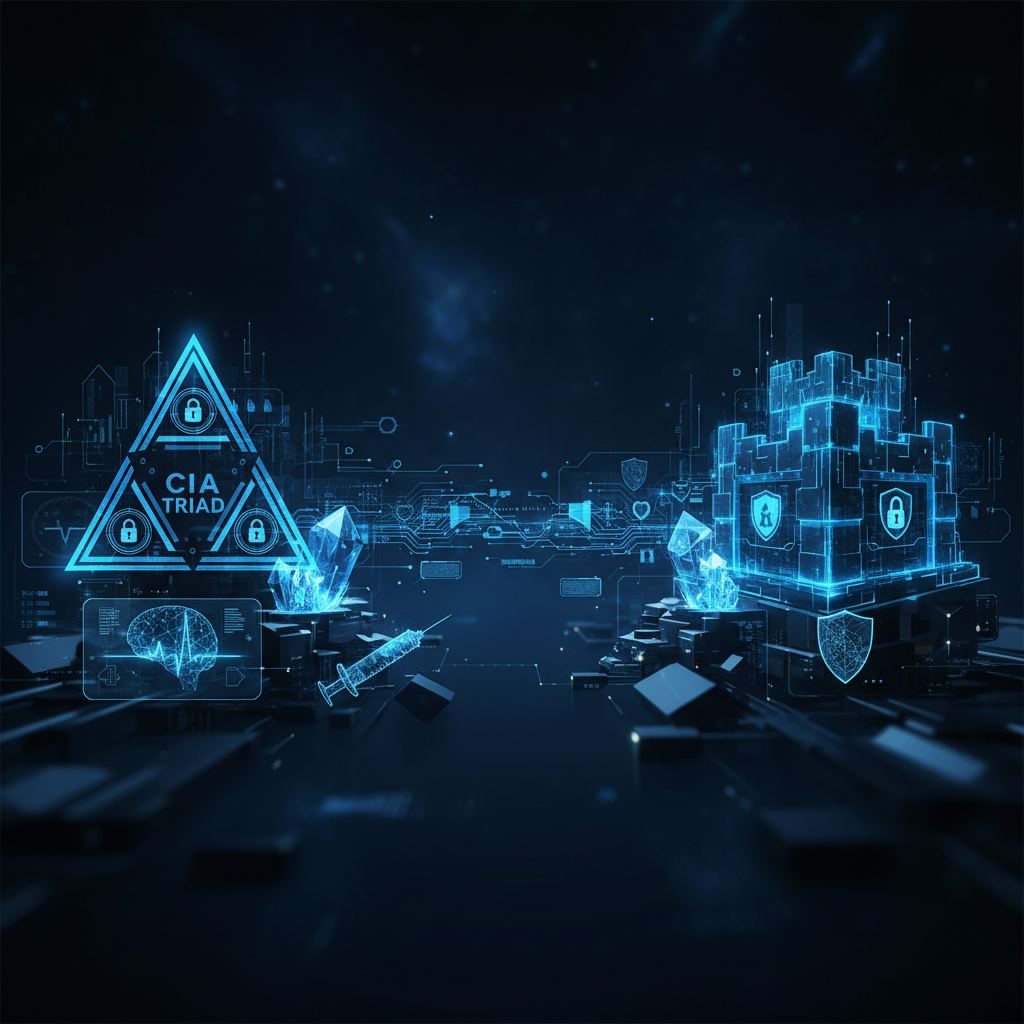 Abstract network nodes and a lock icon represent medical device cybersecurity and data protection concepts