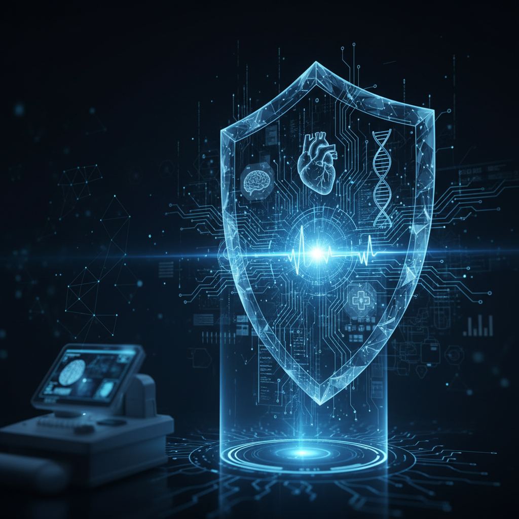 Abstract digital network connecting medical device icons, illustrating cybersecurity for healthcare technology