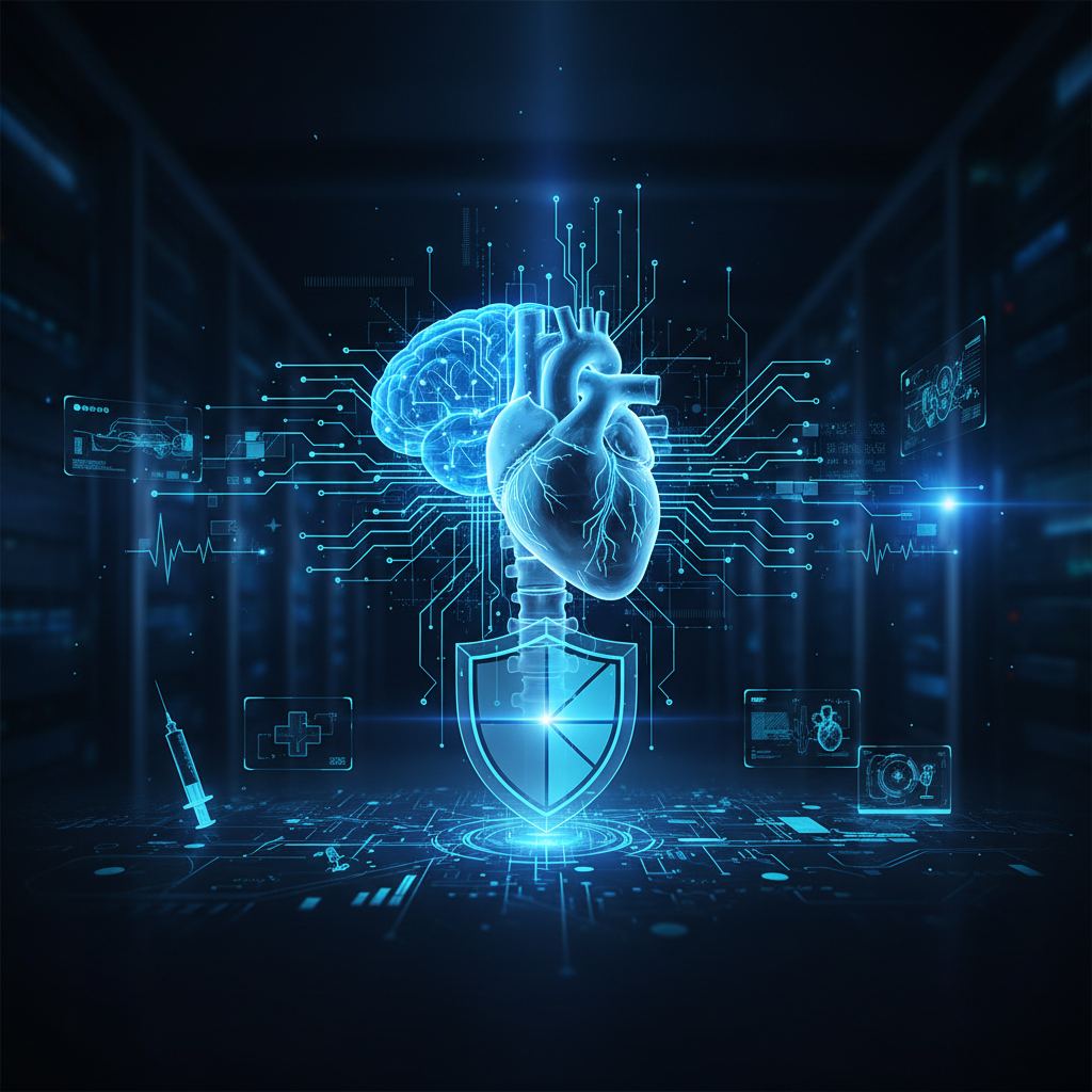 Abstract network nodes and medical symbols represent the intersection of healthcare technology and cybersecurity