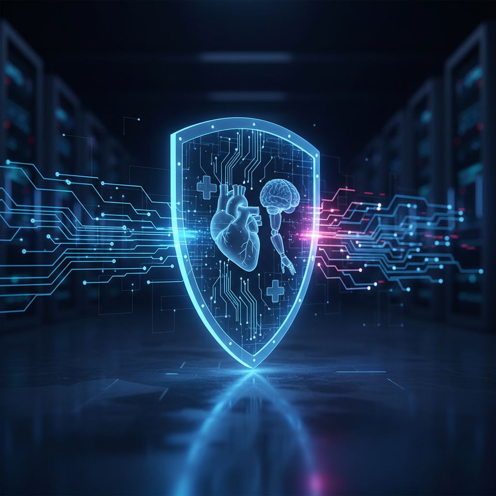 Abstract network lines and a glowing medical device symbol represent MedTech cybersecurity as a competitive advantage