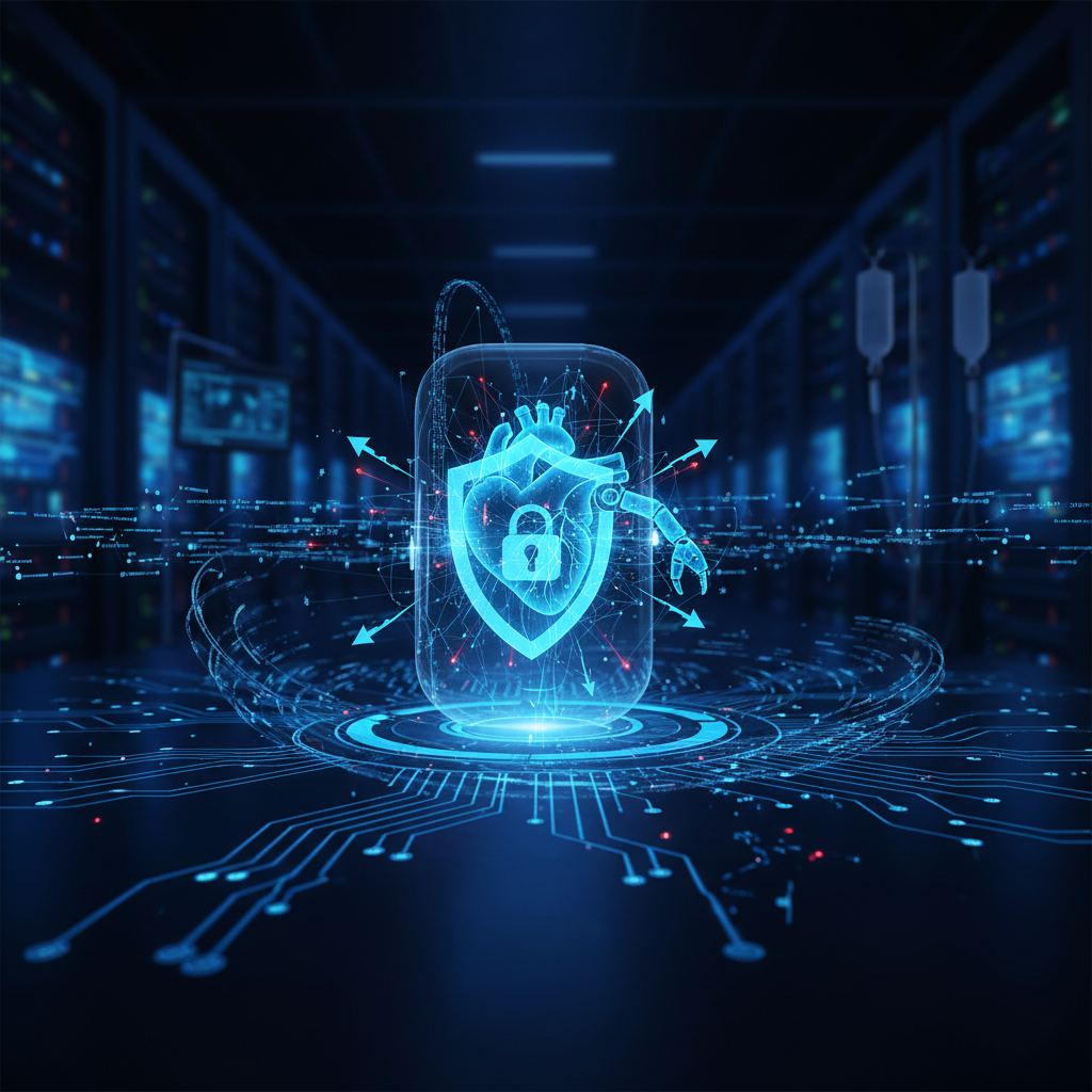 Digital pathways leading to a medical device, illustrating cybersecurity entry points