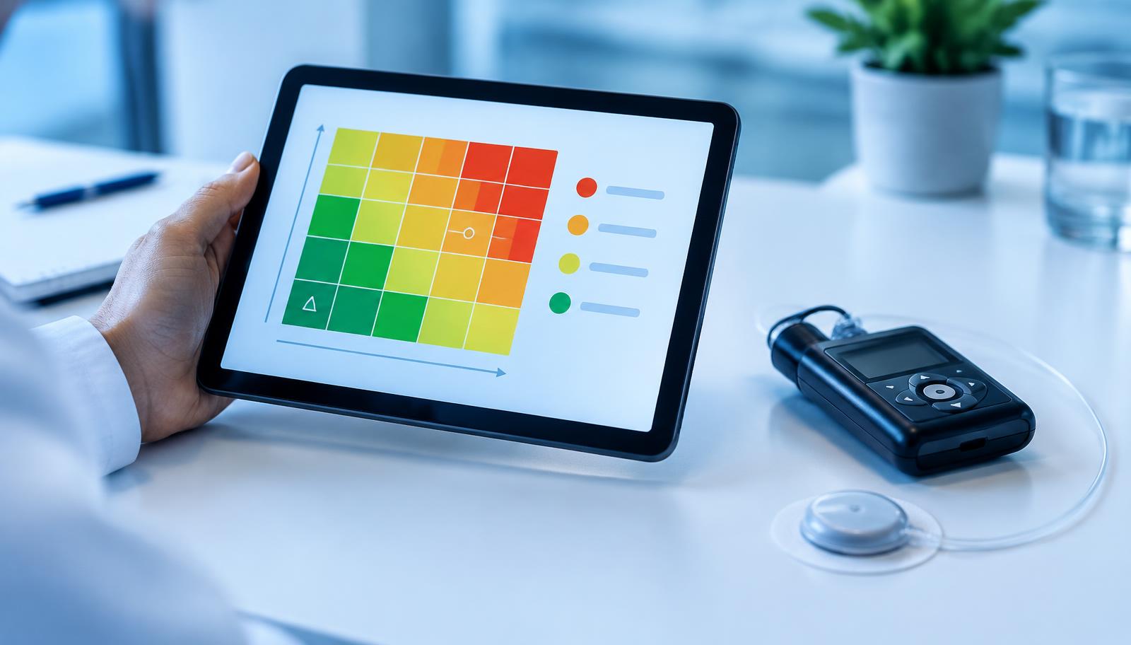 Clinician holding a tablet with a color-coded risk matrix next to a wearable insulin pump