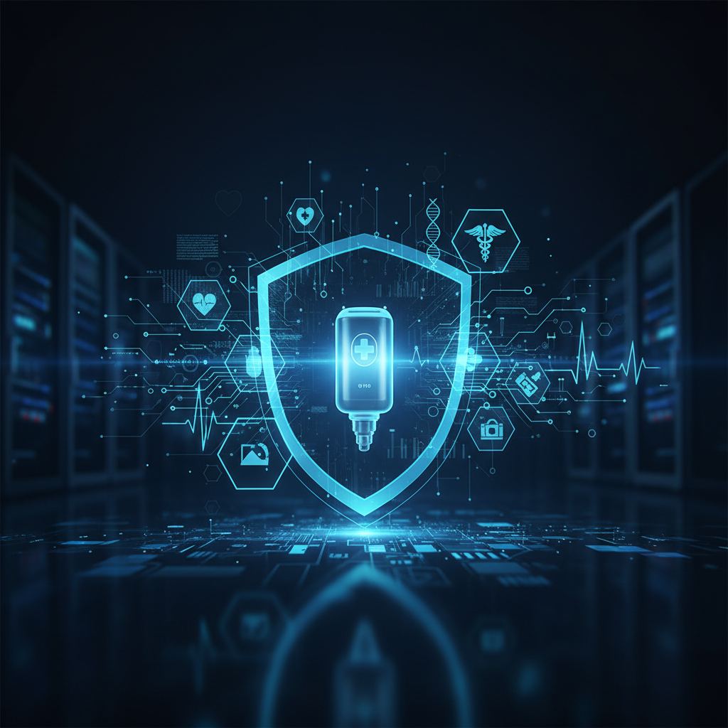 Cybersecurity label on a medical device, illustrating transparency and accountability in healthcare technology