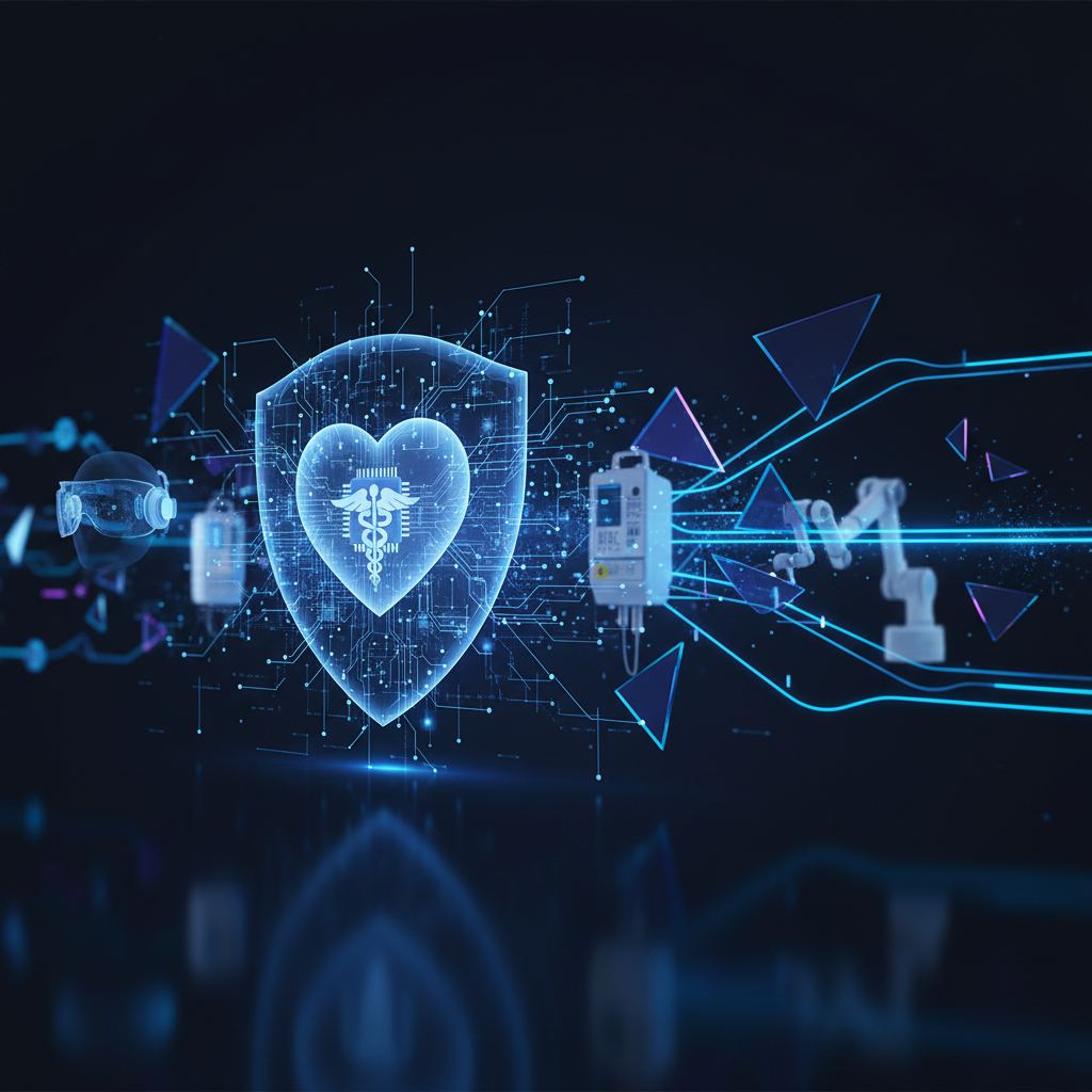 A stylized blue goat head with a shield and lock symbolizes protection for medical devices and cybersecurity