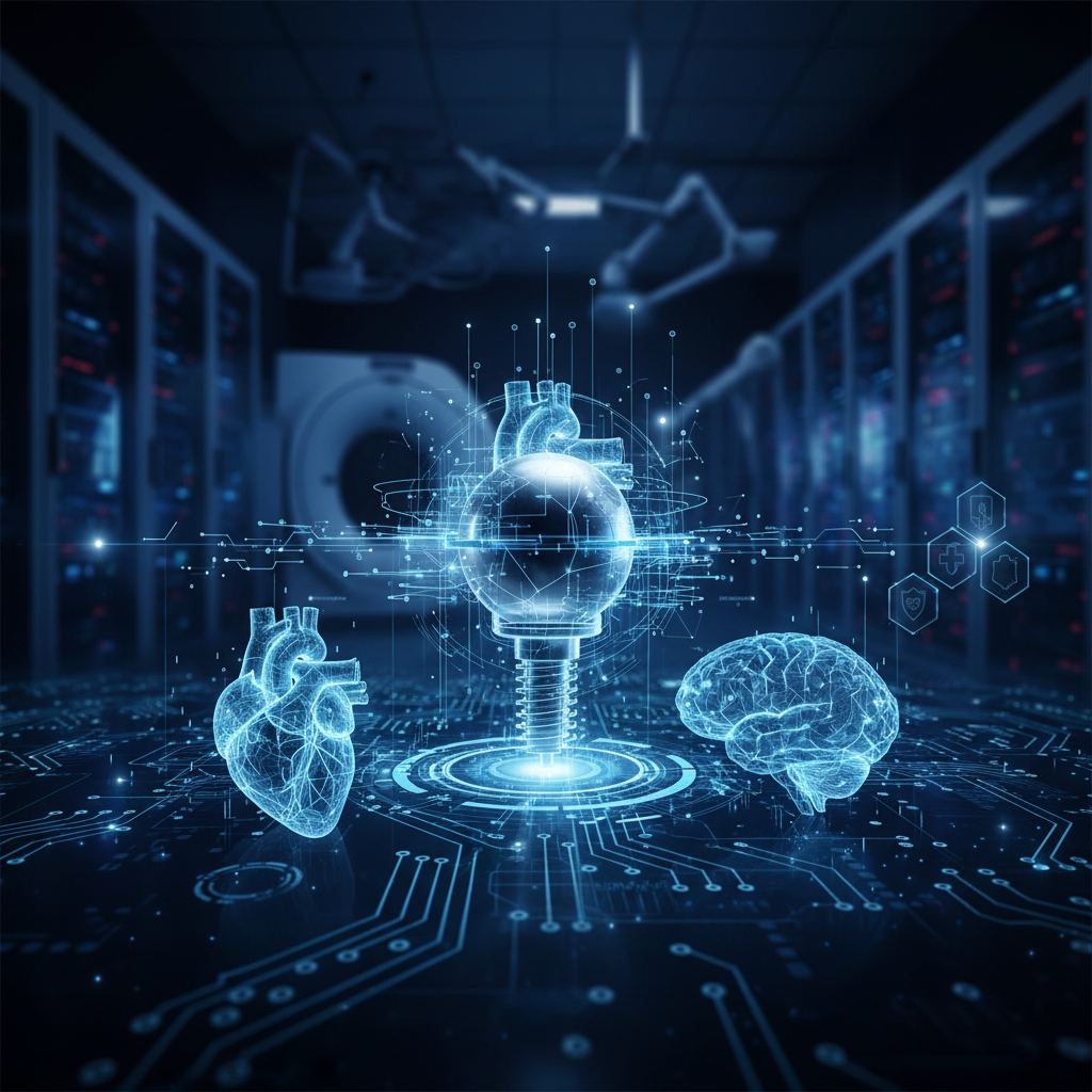 Abstract network nodes and gears represent embedded system cybersecurity challenges in medical devices