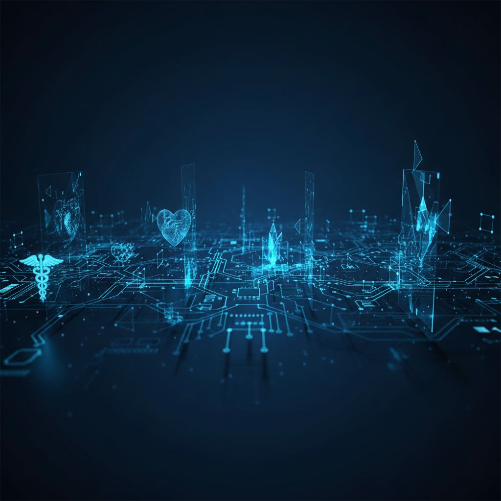 Abstract network nodes and medical symbols illustrate emerging technology's impact on medical device cybersecurity
