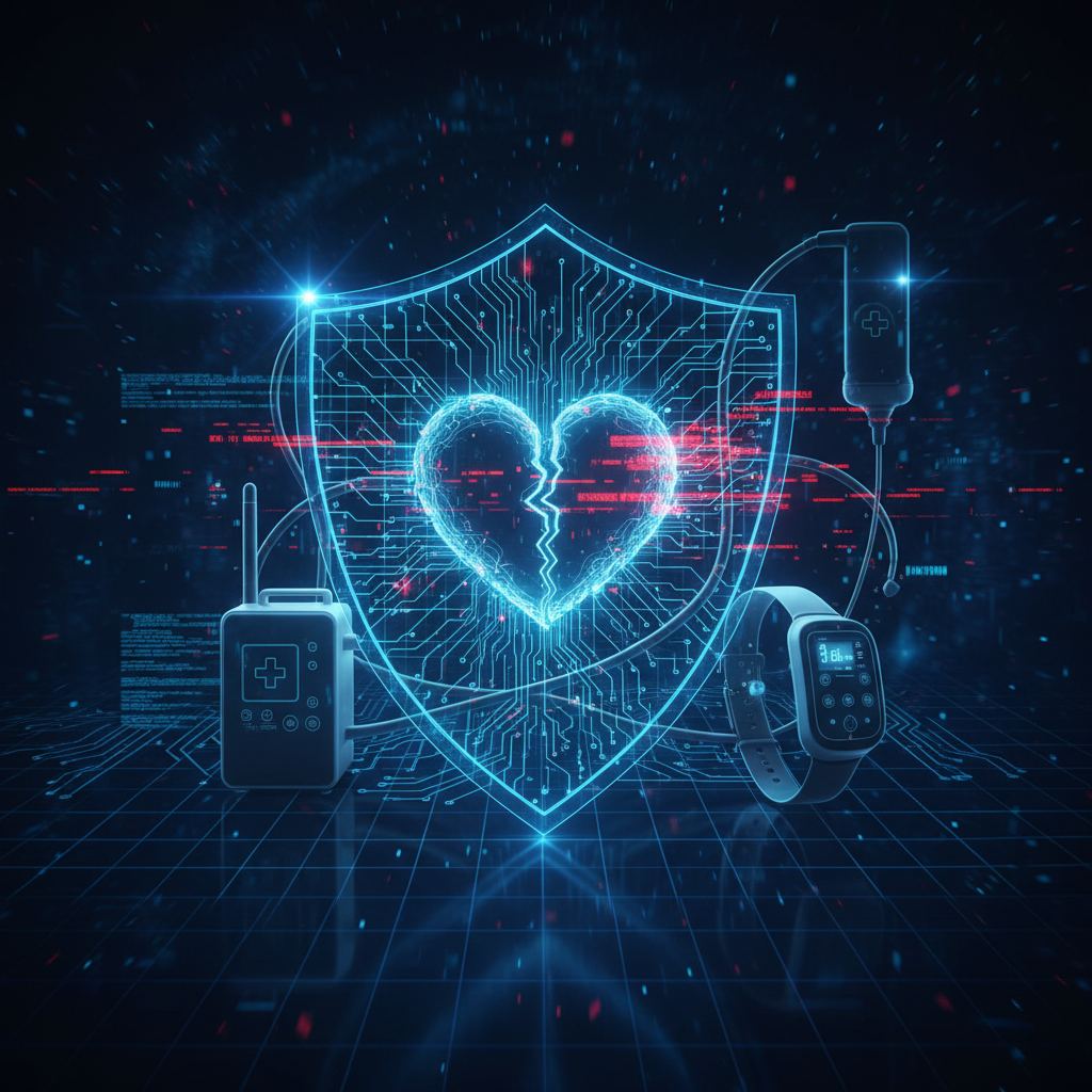 Abstract network nodes and glowing data streams represent MedRadio vulnerabilities and medical device cybersecurity