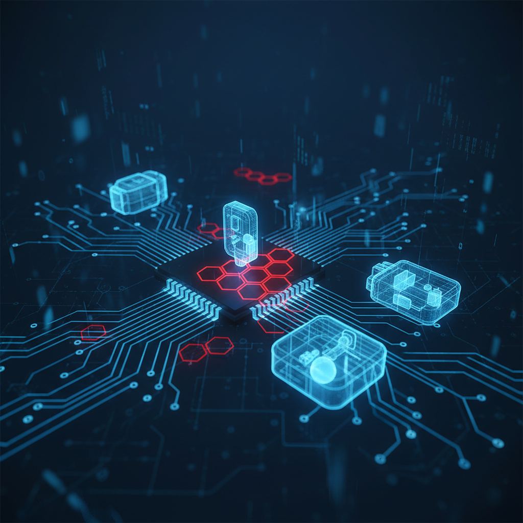 Networked medical devices with glowing circuit board patterns illustrate the threat of SoC vulnerabilities