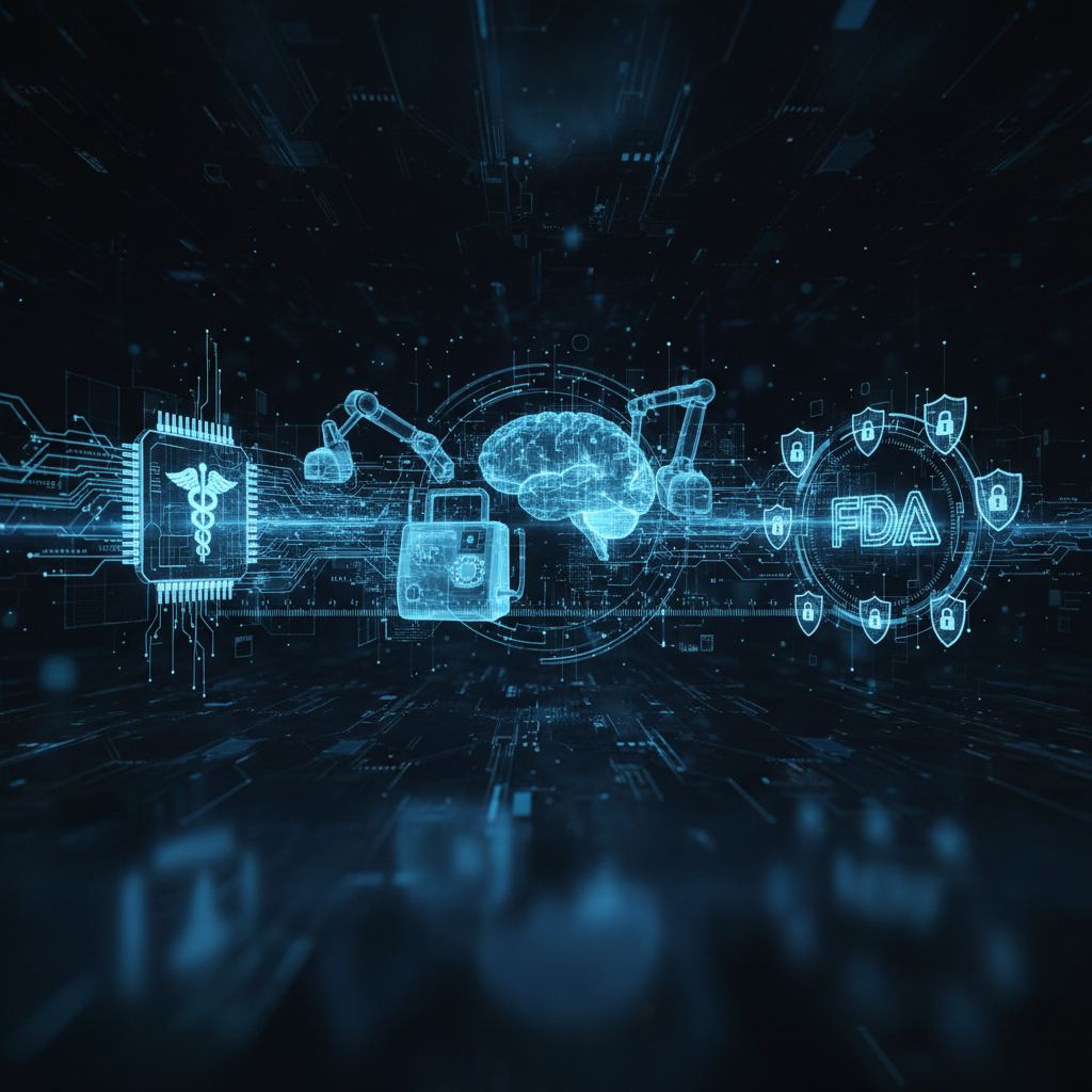 Abstract blue goat head morphing into a medical device circuit board, symbolizing cybersecurity in FDA-cleared medical technology
