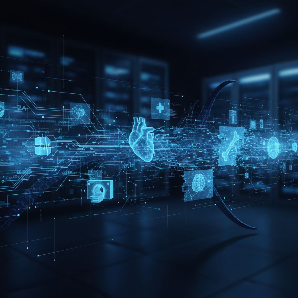 Abstract digital medical scan data with cybersecurity lock icon, illustrating DICOM security risks