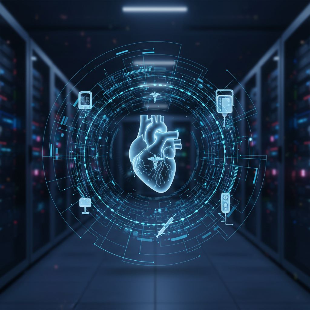 Abstract network nodes connect to a central, glowing medical cross, illustrating HL7 data security