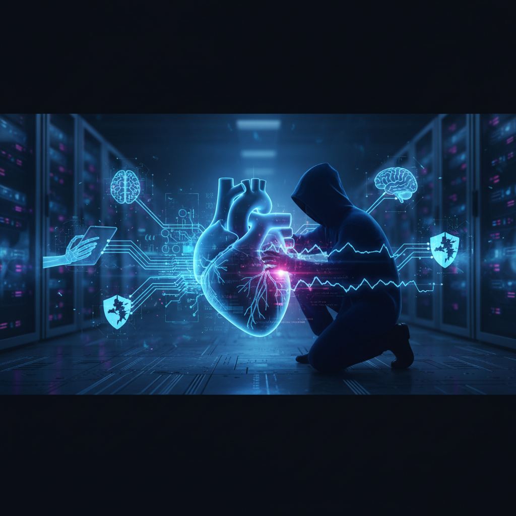 Abstract digital network with a stylized, shadowy hooded figure representing cybersecurity threats to medical devices