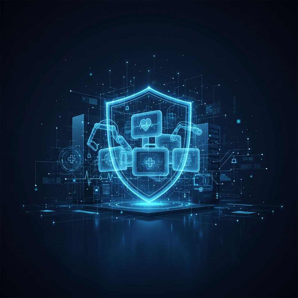 Connected medical devices with a digital lock symbolizing shared cybersecurity responsibility