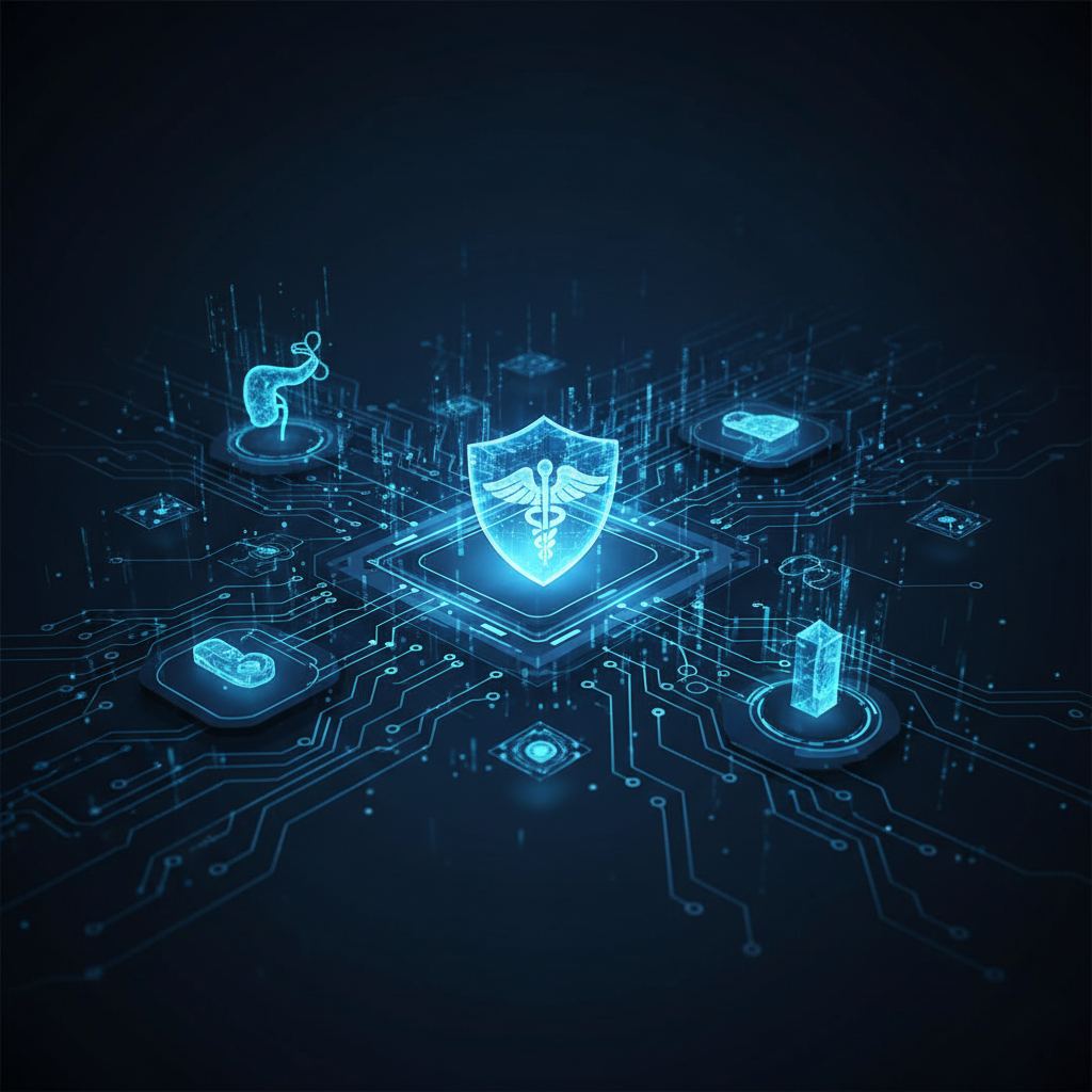 Abstract network nodes connect to a central, glowing medical device, symbolizing secure medical technology integration