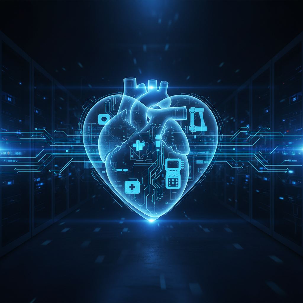 Abstract network nodes and gears represent the integration of cybersecurity into the medical device lifecycle