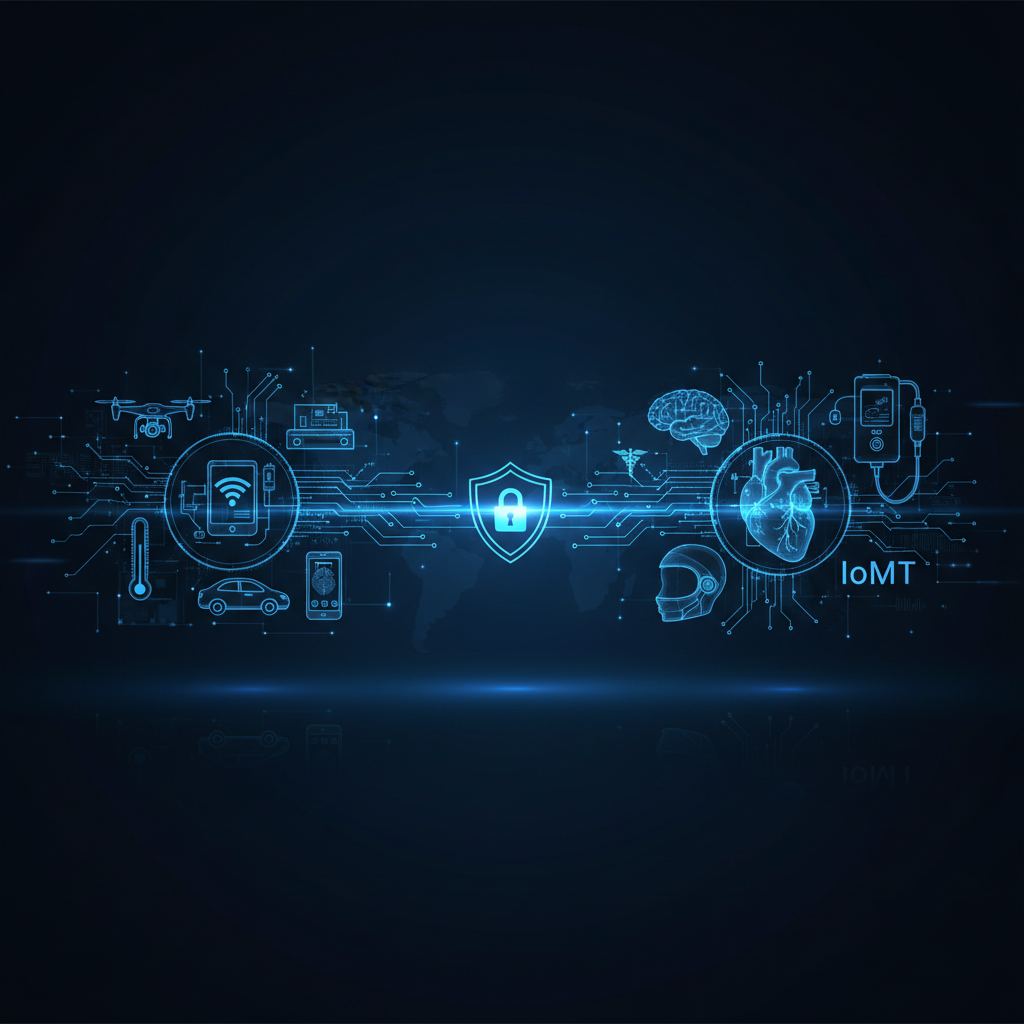 Networked devices, some medical, connected to a central hub, illustrating IoT and IoMT differences