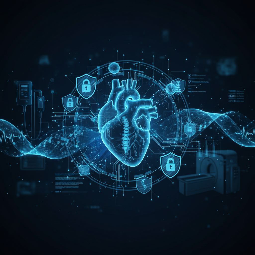 Abstract network of interconnected medical devices and gears symbolizing ISO 13485 cybersecurity compliance