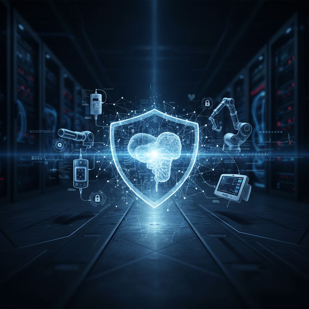 Abstract network nodes connect to a medical device, illustrating cybersecurity risk management for medical devices