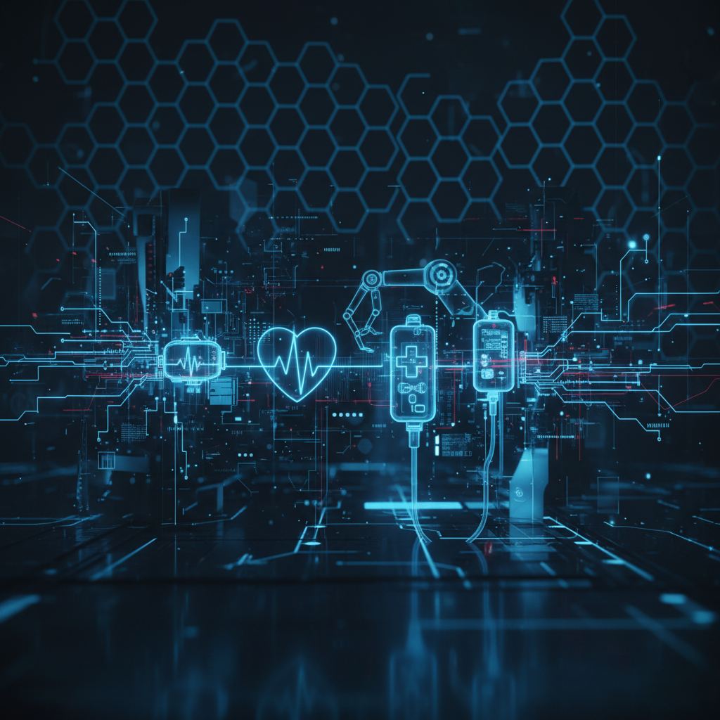 Abstract network nodes connect to a medical device, illustrating M2M vulnerabilities in healthcare technology