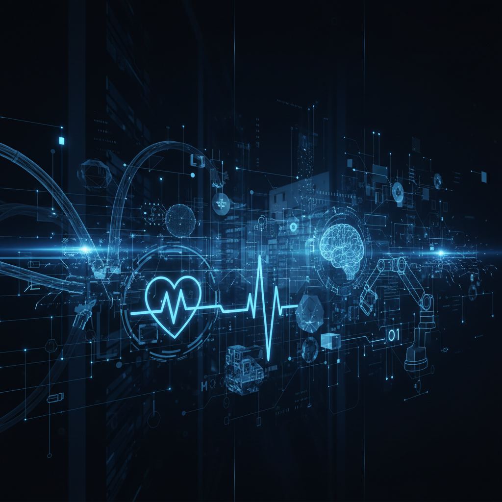 Networked medical devices connected by glowing lines, illustrating interoperability risks in healthcare technology