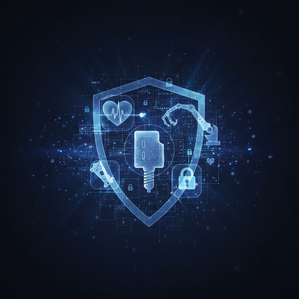 Abstract network of interconnected medical devices symbolizing cybersecurity risks and vulnerabilities