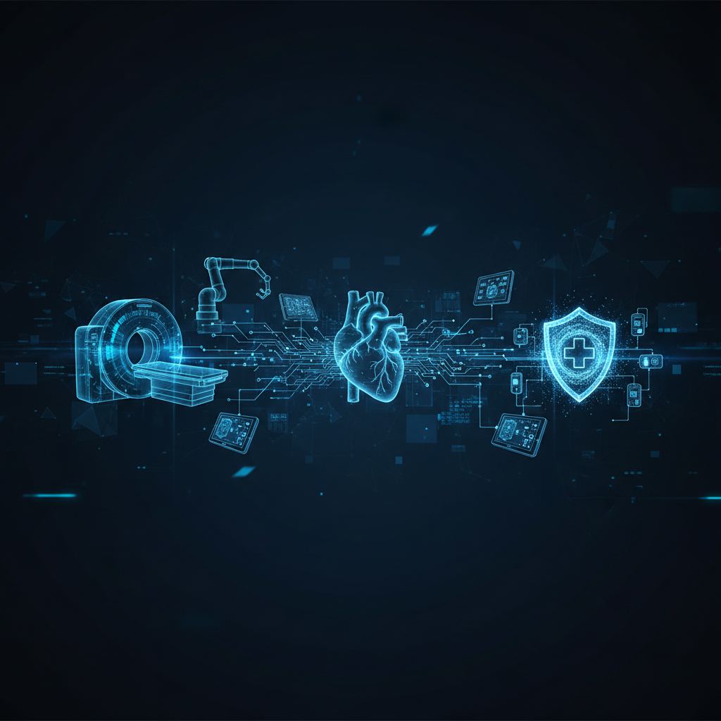 Networked medical devices secured by a digital shield, illustrating medical device cybersecurity