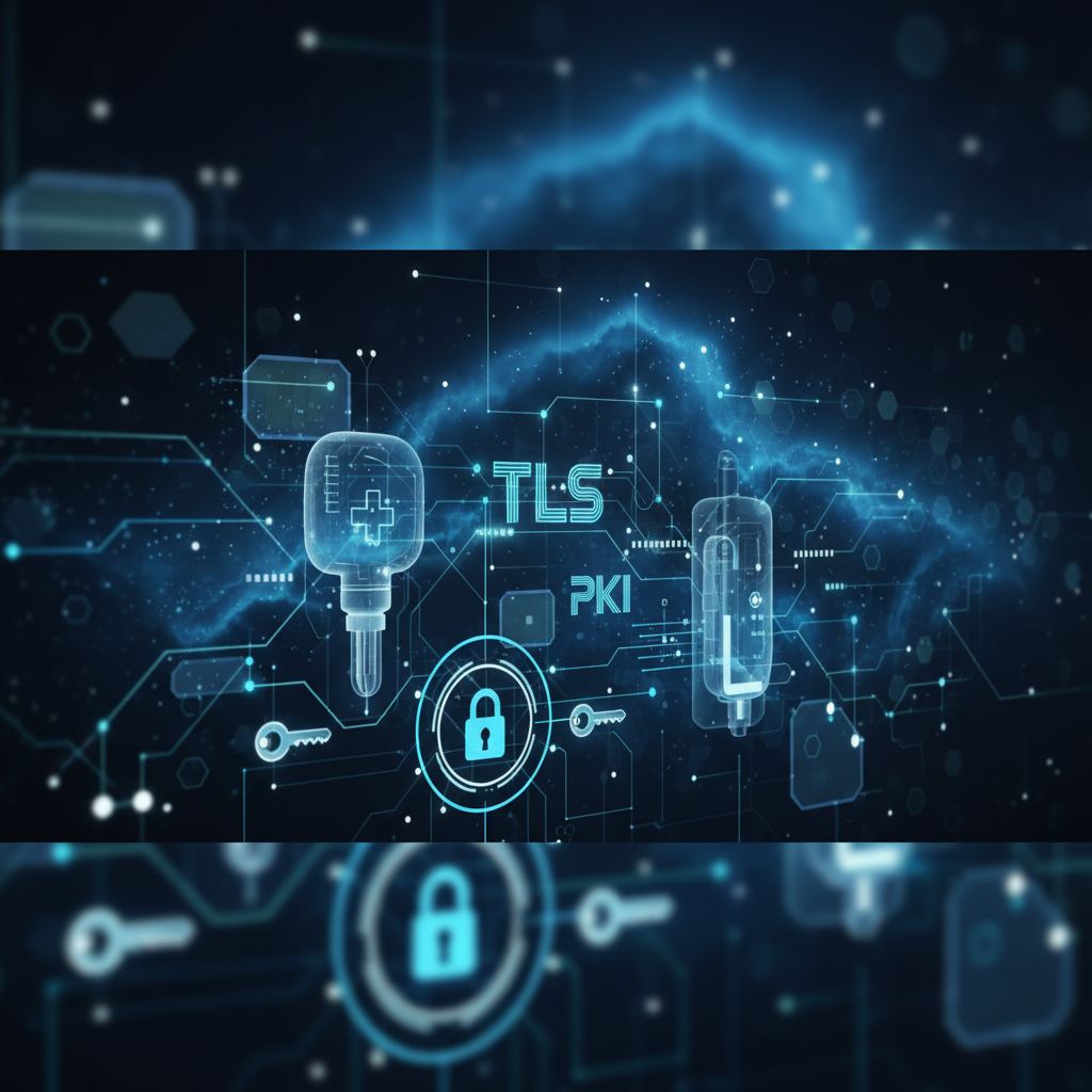 Abstract network nodes and glowing keys represent secure medical device data exchange and encryption