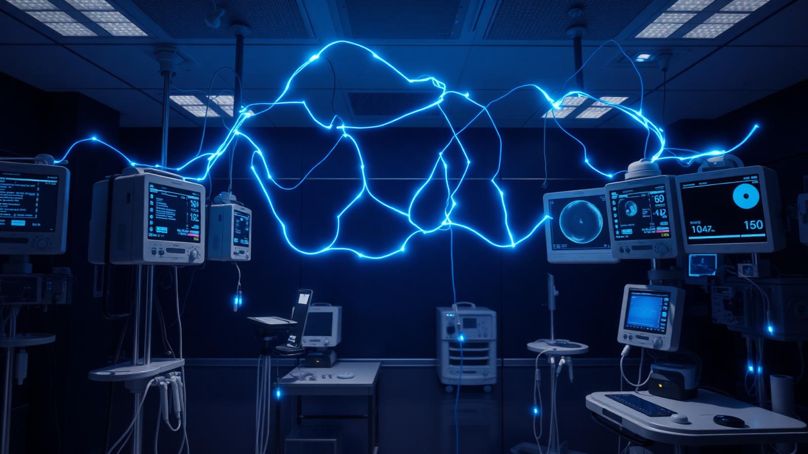 Networked medical devices connected by digital pathways, illustrating cybersecurity protocols