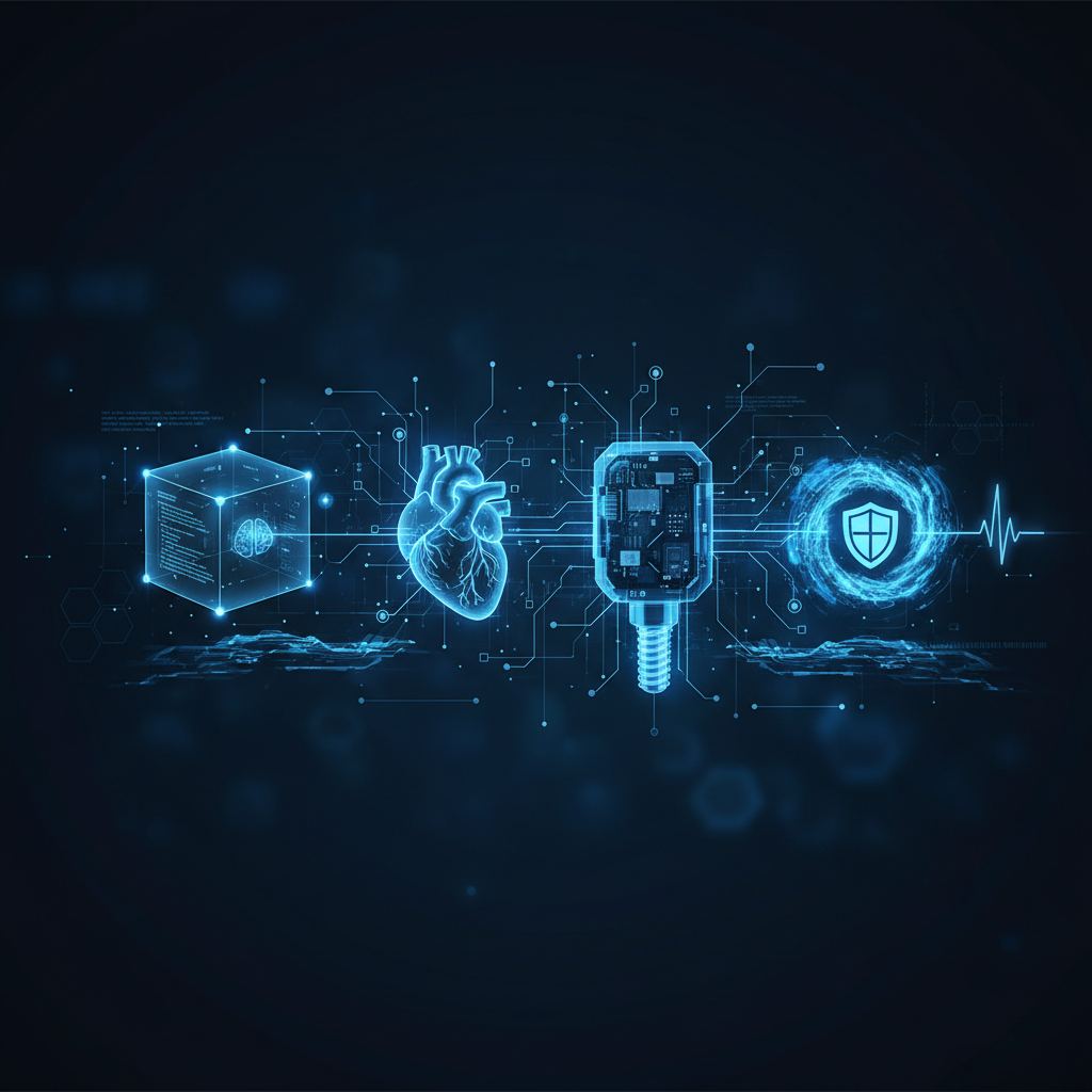 Abstract digital network connecting medical devices, illustrating software security and connectivity
