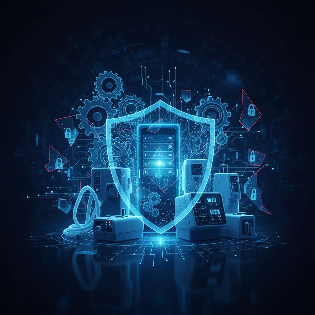 Cybersecurity shield protecting legacy medical devices from digital threats and evolving regulations