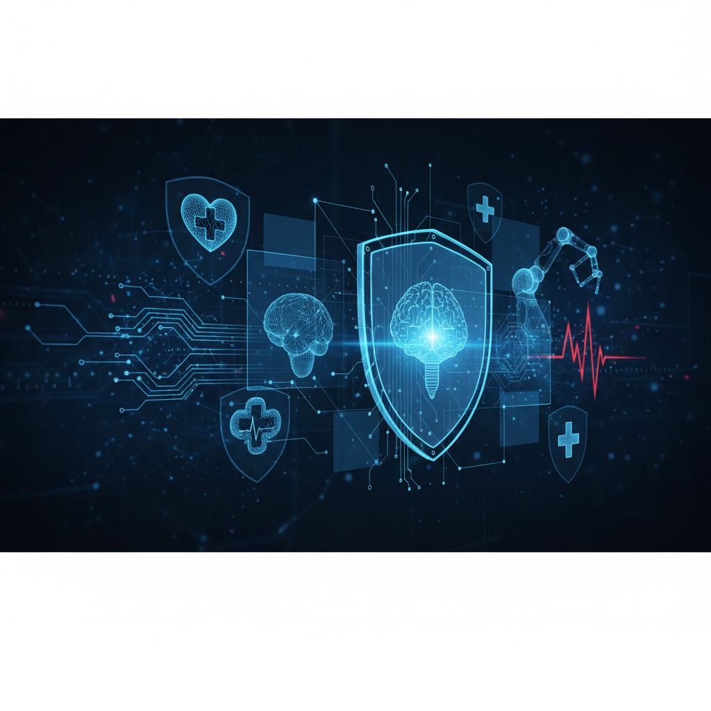 Abstract network of medical devices and data streams representing MedTech cybersecurity and compliance
