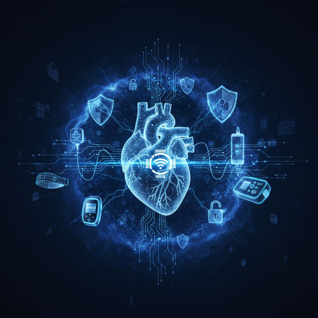 Abstract network nodes connect to a medical device, illustrating NFC's role in device cybersecurity