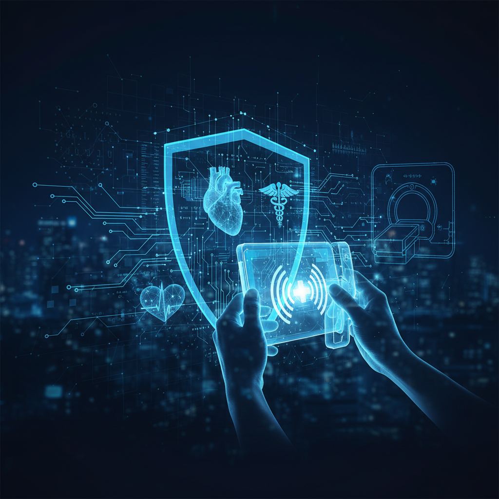Digital lock icon overlaid on a medical device, representing NFC and RFID security for medical technology