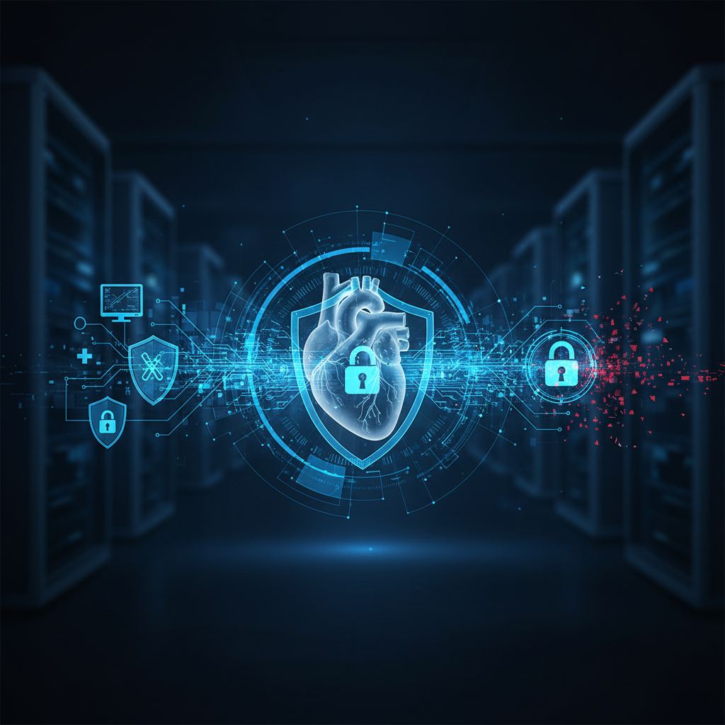 Digital padlock securing medical device data, symbolizing password protection and cybersecurity