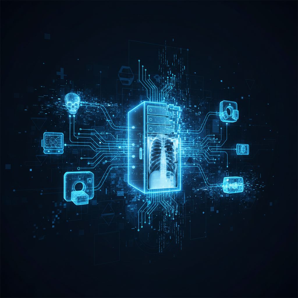 Digital network of medical imaging devices with a prominent blue goat icon symbolizing cybersecurity threats