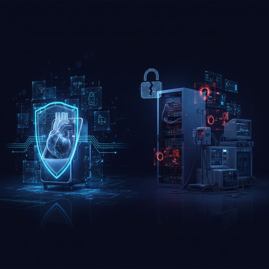 Cybersecurity shield protecting legacy medical devices from digital threats and regulatory risks