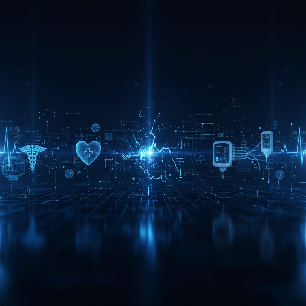 A blue goat head with a circuit board pattern illustrates the concept of medical device cybersecurity vulnerabilities