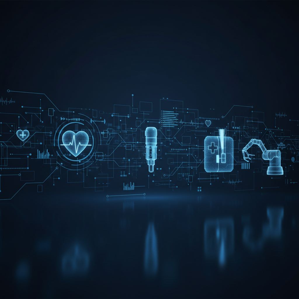 Abstract digital network connecting medical devices, symbolizing cybersecurity in healthcare technology