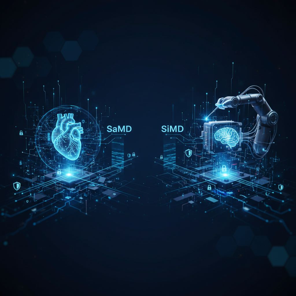 Digital medical device icons and a lock symbolize the cybersecurity of software as a medical device