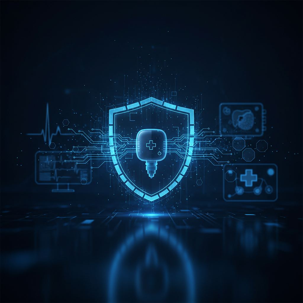 Cybersecurity lock icon superimposed on a medical device, illustrating secure medical device updates
