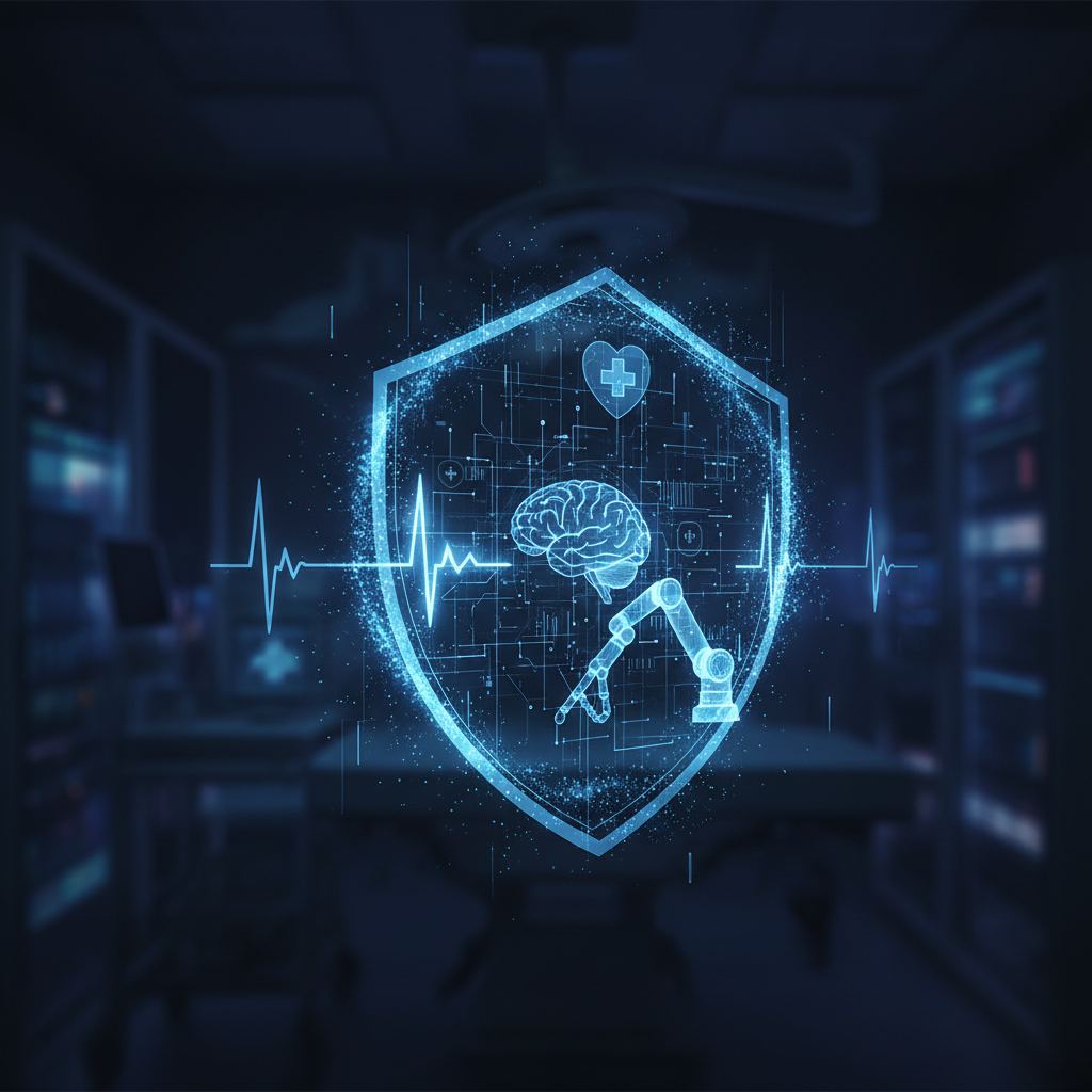 Networked medical devices connect to a secure digital shield, illustrating IoMT cybersecurity importance